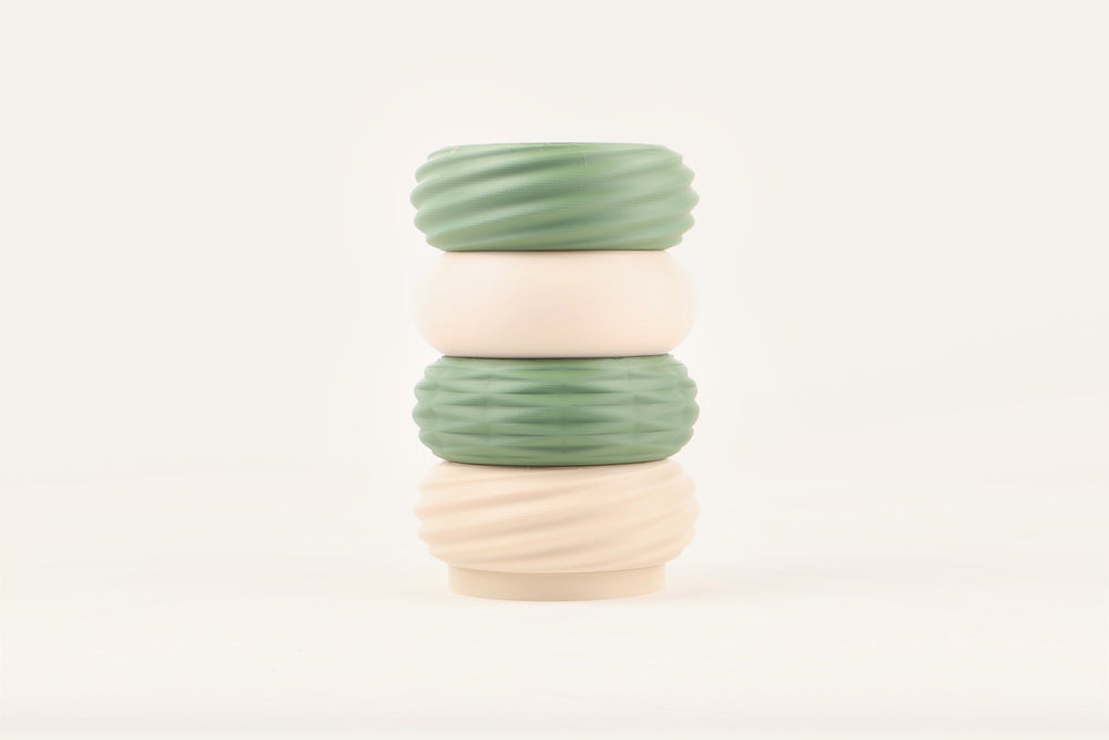 Meadow, a four-module modular vase alternating Matte Olive Green and Matte Light Khaki