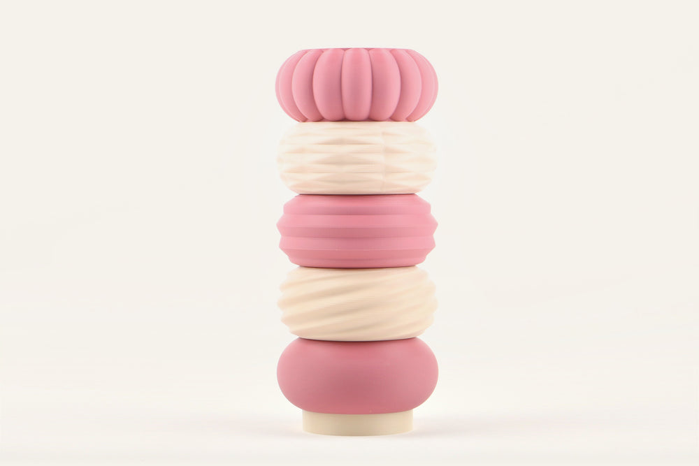 Peony, a five-module modular vase alternating rose and cream, one of each profile