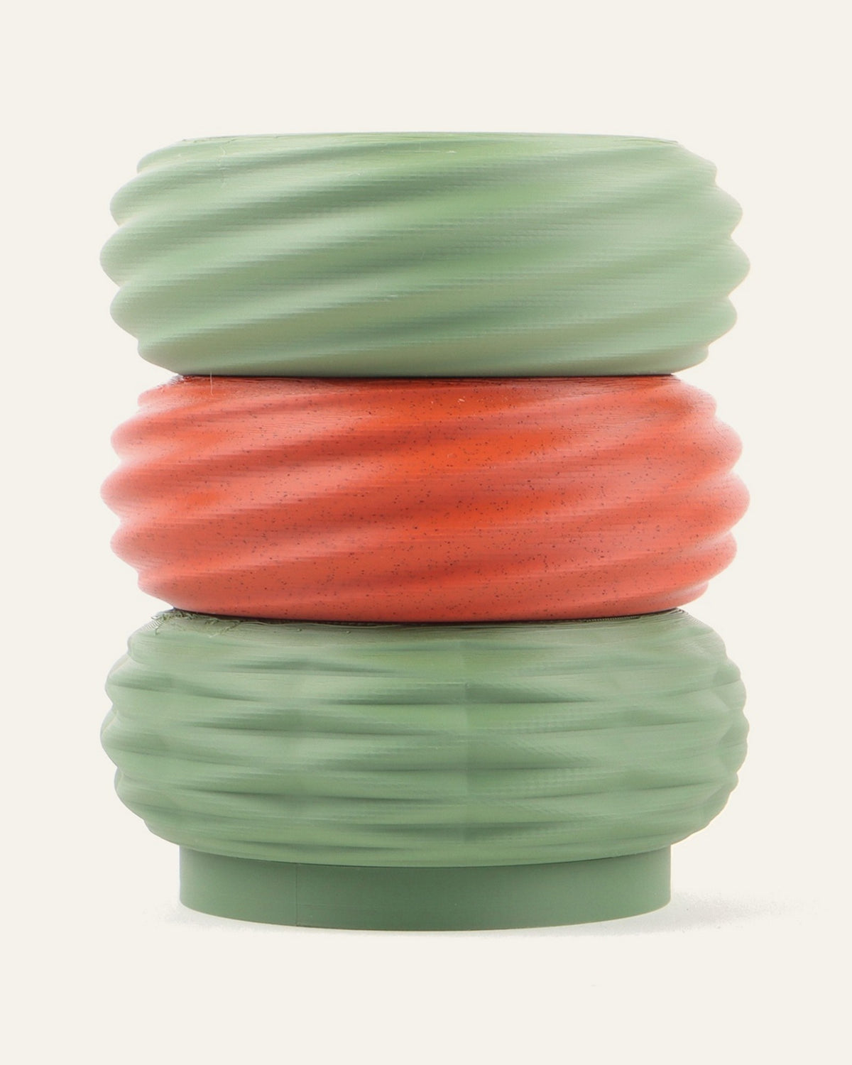 Orchard, a three-module modular vase in olive green with a terracotta band