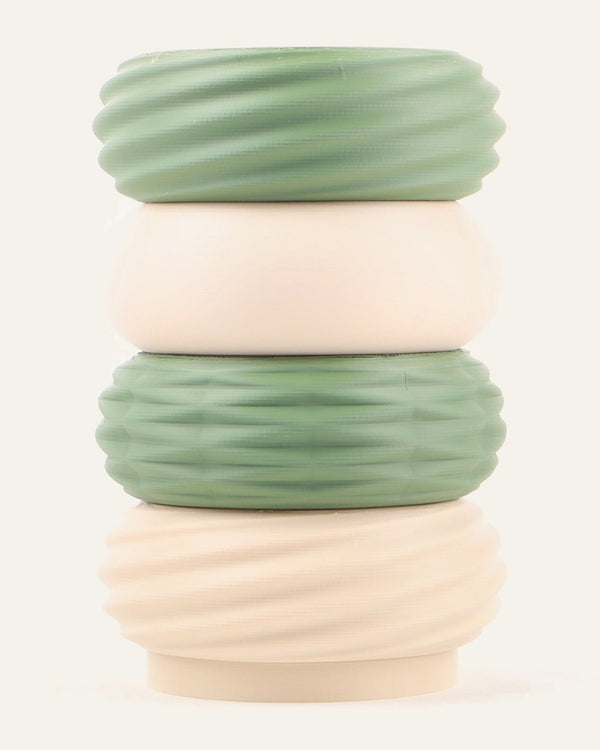 Meadow, a four-module modular vase alternating Matte Olive Green and Matte Light Khaki