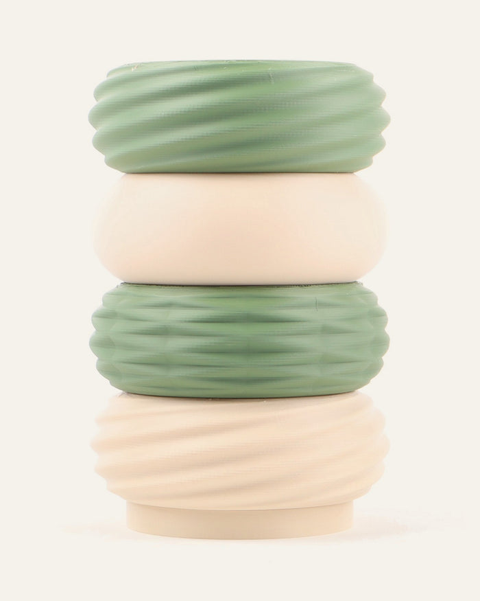 Meadow, a four-module modular vase alternating Matte Olive Green and Matte Light Khaki